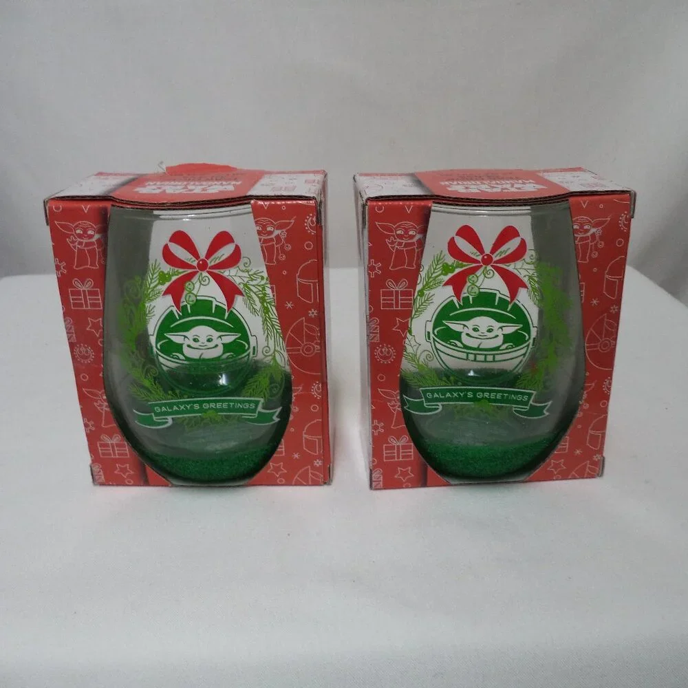 Star Wars Mandalorian Grogu Baby Christmas Yoda Wine Glass Set 2 glitter NEW NWT